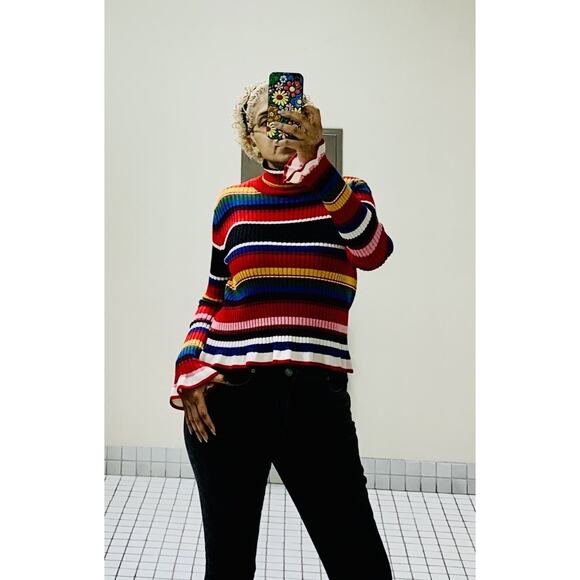 MSGM Rainbow Multicolored Striped Knit Ruffle Bell Sleeve Turtleneck Sweater XS - Picture 16 of 16